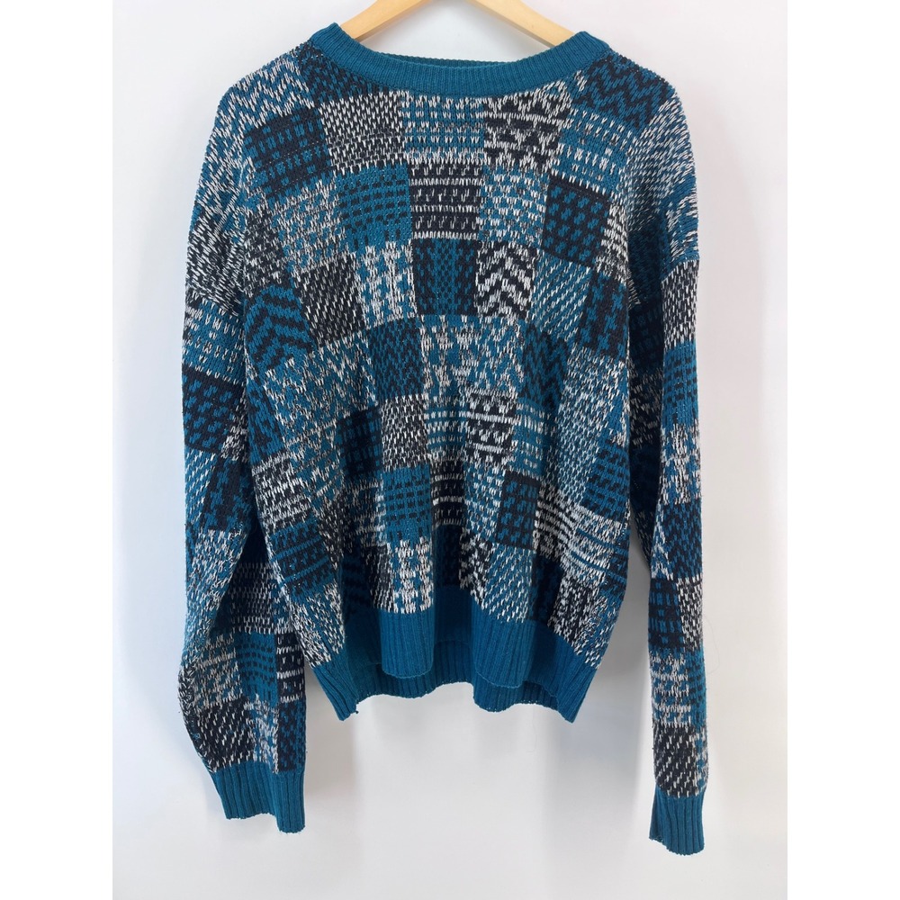 Windridge Vintage Blue Patchwork Knit Crewneck Sweater Mens Medium Acrylic 90s